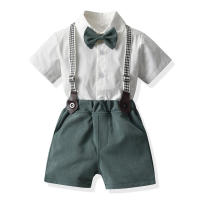 Cárdigan de algodón de manga corta para niño, pantalones cortos con tirantes de caballero, dos piezas, flor de boda, estilo coreano, color blanco puro, verano - details 4