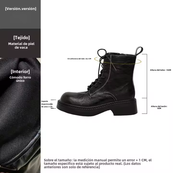 Botas cortas británicas retro con cordones que aumentan la altura interior pequeña de piel de vaca botas de caballero para mujer. - 1
