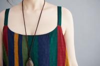 Vestido de Lino de Algodón a Rayas de Color Bloque Falda A-Línea de Moda de Verano con Cintura Suelta y sin Correas Vestido Largo Artístico para Mujeres - details 10
