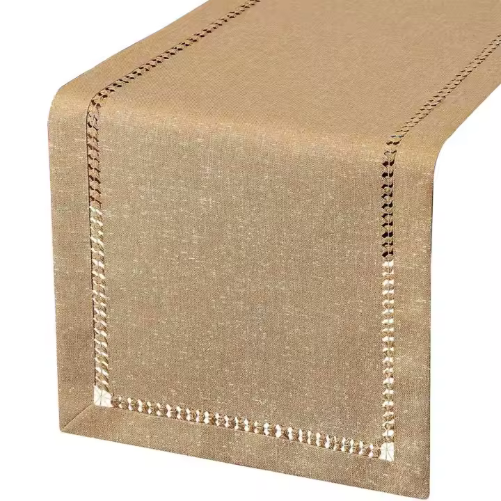 Camino de mesa de comedor cosido a mano, bufandas de tocador, entrelazado de hilo plateado (Beige oscuro, 12x72 corredores de mesa) - 1