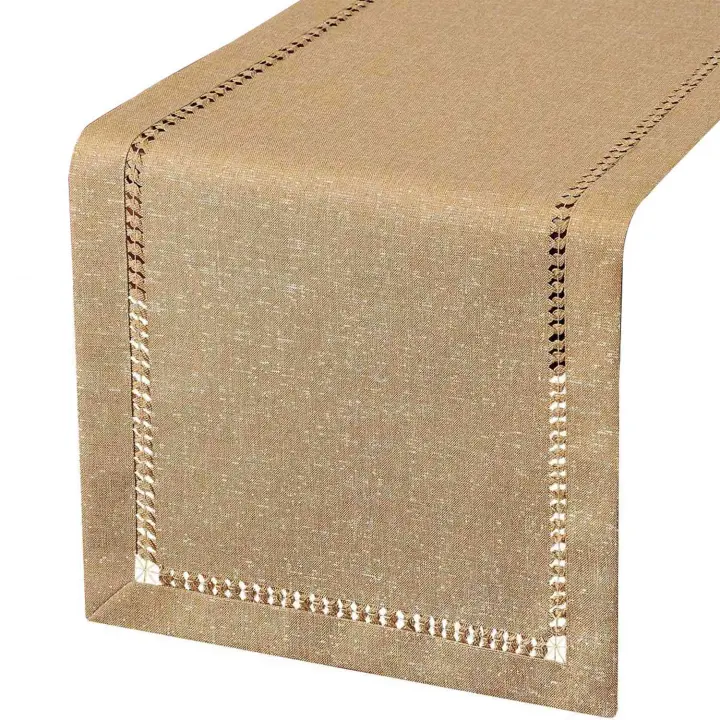 Camino de mesa de comedor cosido a mano, bufandas de tocador, entrelazado de hilo plateado (Beige oscuro, 12x72 corredores de mesa) - 1