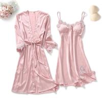 Bata amarilla, TRE otoño, pijama de 2 piezas, kimono de satén con cojín en el pecho para mujer, albornoz, pijama - details 3