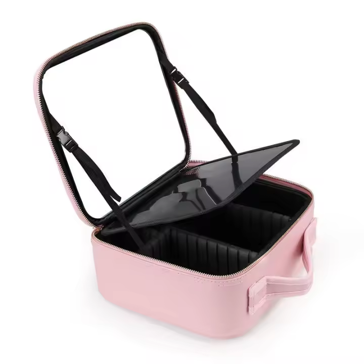 Bolsa de maquillaje con espejo grande con compartimentos para mujer, estuche de cosméticos de viaje de cuero PU impermeable, nuevo - 1