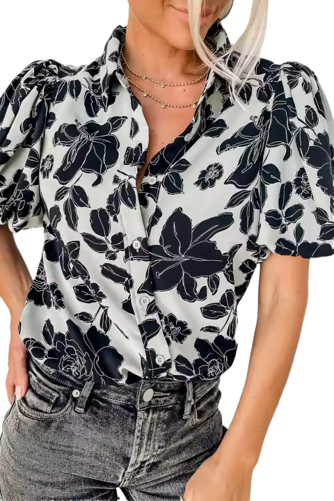 Elrachen Camisa informal con manga de burbuja floral para mujer, negro, tallas S-XL - 1