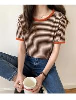 Camiseta de manga corta a rayas para mujer, novedad de verano, versión coreana, Top holgado Retro con ajuste en contraste y cuello redondo, moda informal para mujer - details 2