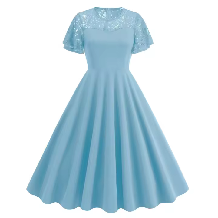 Elegante combinado con detalles de parches de moda retro cuello redondo estilo Hepburn - 1