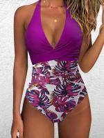 Traje de baño de bikini con lazo ajustado y estampado multicolor de una pieza de nuevo estilo para mujer con sensación de alta gama - details 16