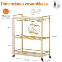 Carrito Auxiliar 3 Niveles con Ruedas bloqueables, Soporte para Botellas y portavasos, Carro Auxiliar Cocina, Ideal para Cocina, Comedor o Sala de Estar, 63,2 x 30 x 81,5 cm - details 2