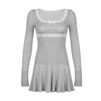 BUNO-vestido acampanado de encaje de retales para mujer, minivestido informal básico con cuello cuadrado y manga larga, otoño y primavera 2025. - details 9