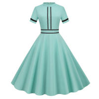 Solid women summer elegant short sleeve stand collar vintage a-line midi long party dress - details 18