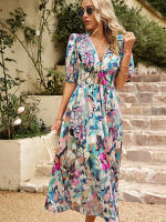 Vestido de verano de estilo callejero para mujer, traje elegante y Sexy con cuello en V, estampado de flores, mangas farol, largo, 2024 - details 3