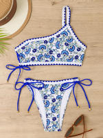 Traje de baño con estampado floral de un solo hombro para mujer, traje de baño femenino con cordón, 2024 - details 6