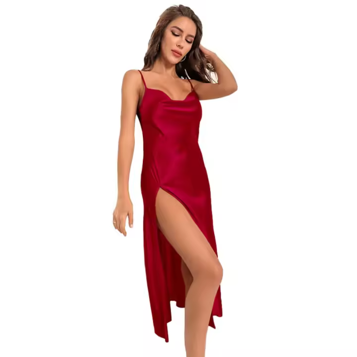 Camisón de encaje de satén para mujer, camisón con abertura lateral, ropa de dormir - 1
