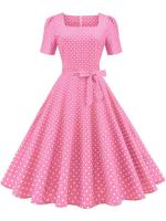 Vestido midi elegante informal para mujer con lunares, cuello Peter Pan, cintura alta y corte en A - details 17