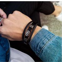 Pulsera tejida multicapa de moda para hombre, pulsera de cuero de acero de titanio con estrella hexagonal - details 2