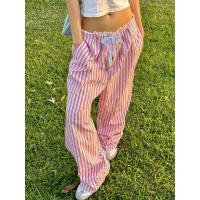 Pantalones holgados de pierna recta a rayas para mujer, moda coreana, cintura elástica, dobladillo empalmado, pantalones femeninos - details 11