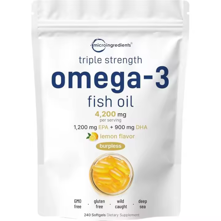 Triple Strength 3 suplementos de aceite de pescado 4200 mg por porción, 240 cápsulas blandas con sabor a limón – Sin eructos (recubiertos entericos) EPA 1200 mg + - 1