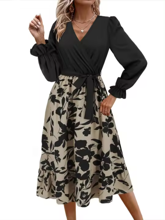 Vestido de manga larga con cuello en V para mujer, ropa elegante de estilo vintage, para primavera y otoño, 2025 - 1