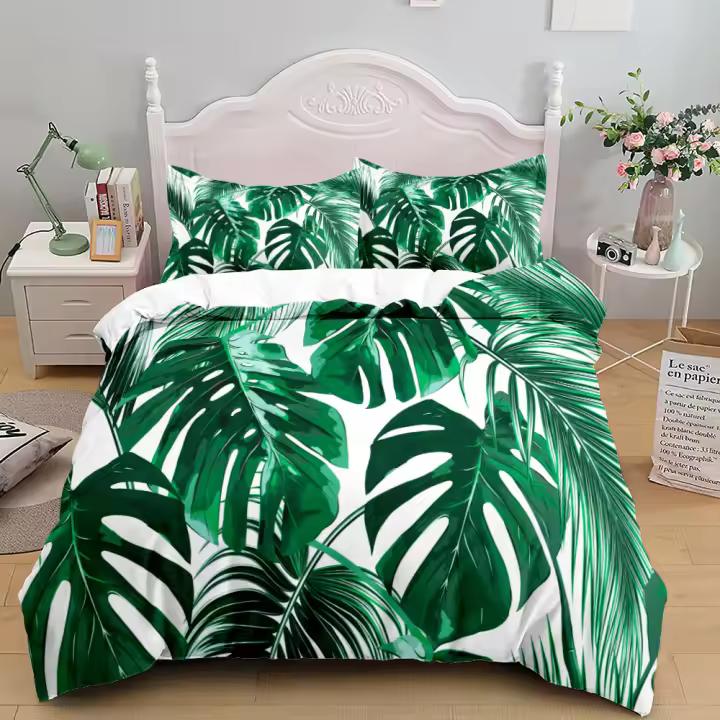 Juego de funda nórdica con hojas gigantes tropicales, juego de ropa de cama de tamaño individual, King, Queen, doble, completo, individual - 1