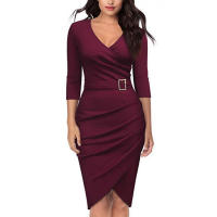 Elegante dama profundaVVestido con cuello y cinturón Vestido de fiesta plisado de manga larga ajustado de longitud media - details 4