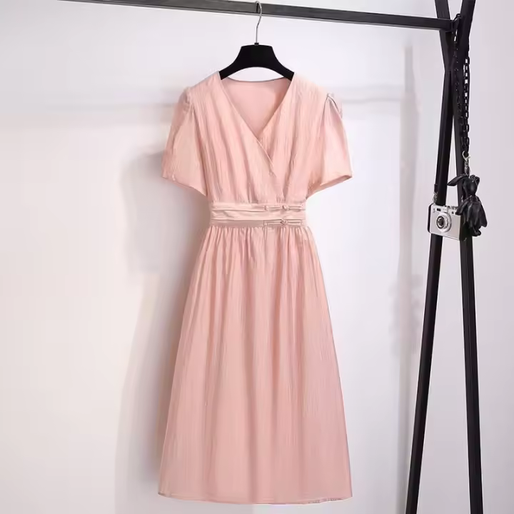 Vestido Tencel de Verano Estilo Chic Francés, Adelgazante, Cuello Elegante - 1