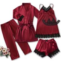 Conjunto de Pijama de Satén para Mujeres Ouwu Lencería Sexy Rosa, Toalla de Baño Floral, Vestido de Noche de Seda, Pantalones Política de Devolución - details 8