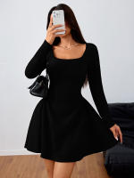 Vestido elegante de cuello cuadrado de mujer, falda roja de vino de cintura alta - details 11