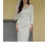 Vestido largo elástico y ajustado de manga corta con cuello cuadrado francés para mujer - details 10