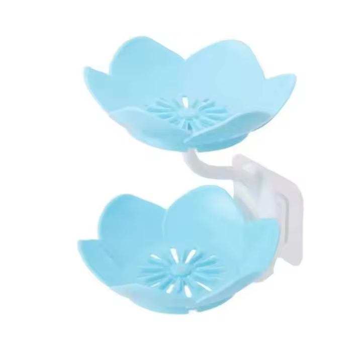 Caja de jabón de plástico con forma de loto, soporte de jabón de doble capa sin perforaciones montado en la pared, jabonera antideslizante con forma de flor, jabonera con drenaje de agua - 1