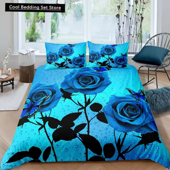 Juego de Ropa de Cama de Floral de Rosa Azul Funda de Edredón de 3D con Flores - 1