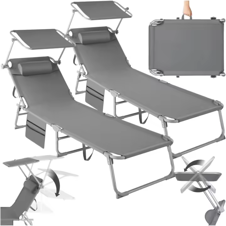 Set de 2X Tumbonas de Jardín Exterior Tumbonas Plegables con Reposacabezas, Parasol y Bolsillo Lateral Tumbonas de Playa Reclinables 4 Posiciones Tumbona de Piscina Resistente a Intemperie Gris - 1