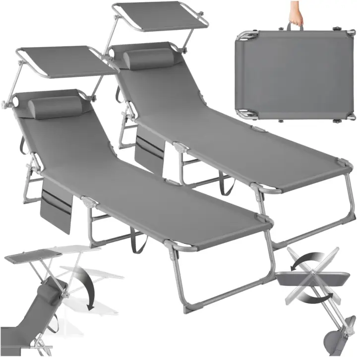 Set de 2X Tumbonas de Jardín Exterior Tumbonas Plegables con Reposacabezas, Parasol y Bolsillo Lateral Tumbonas de Playa Reclinables 4 Posiciones Tumbona de Piscina Resistente a Intemperie Gris - 1