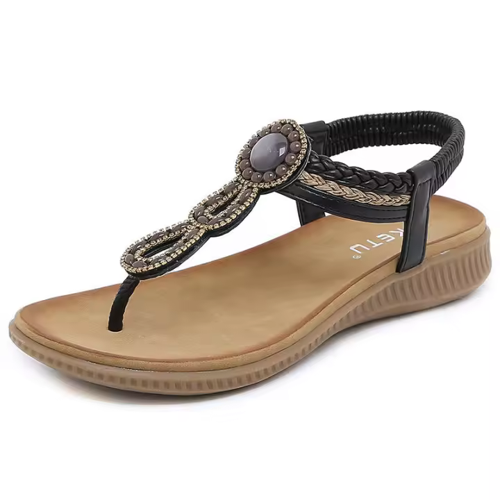Sandalias de nuevo estilo con diamantes de imitación, cómodas, de punta redonda, para vacaciones en la playa, zapatos planos de talla grande - 1
