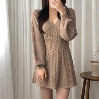 Falda corta de punto para mujer, ropa elegante de manga larga con cuello puntiagudo, usada, negra, invierno - details 22