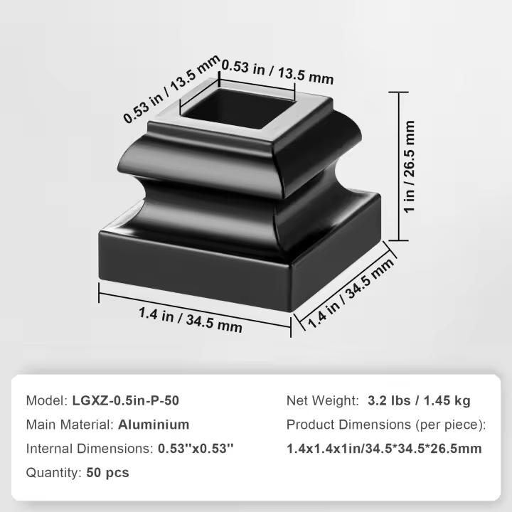 SucceBuy Zapatos de balaustre de escalera de aleación de aluminio, planos con orificios para tornillos para barandilla de metal cuadrada de 1/2 pulgada, negro satinado, 50 piezas - Mejore la estabilidad y el estilo de sus escaleras - 1