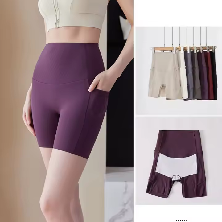 Pantalones cortos deportivos de yoga de cintura alta para mujer, ropa de calle informal para fitness, pantalones cortos ajustados para entrenamiento con bolsillo, pantalones cortos de gimnasio con ropa interior incluida - 1