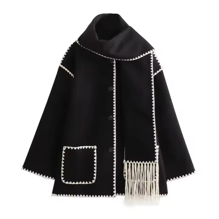 Chaqueta elegante suelta de media temporada para mujer, cuello con bufanda en zigzag, ropa de moda, otoño e invierno, 2024 - 1