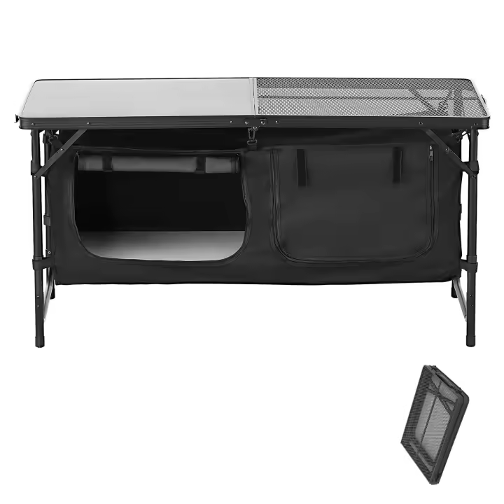 SucceBuy Mesa de cocina para acampar, mesa plegable para cocinar al aire libre, 3 alturas ajustables, estación de cocina portátil de aluminio con almacenamiento, asa de transporte, para barbacoa, picnic, viajes en RV, negro - 1