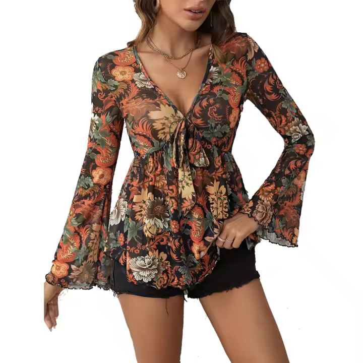 La nueva camiseta largo-sleepred de la malla fina, camiseta campana-sleepred impresa remata para las mujeres - 1