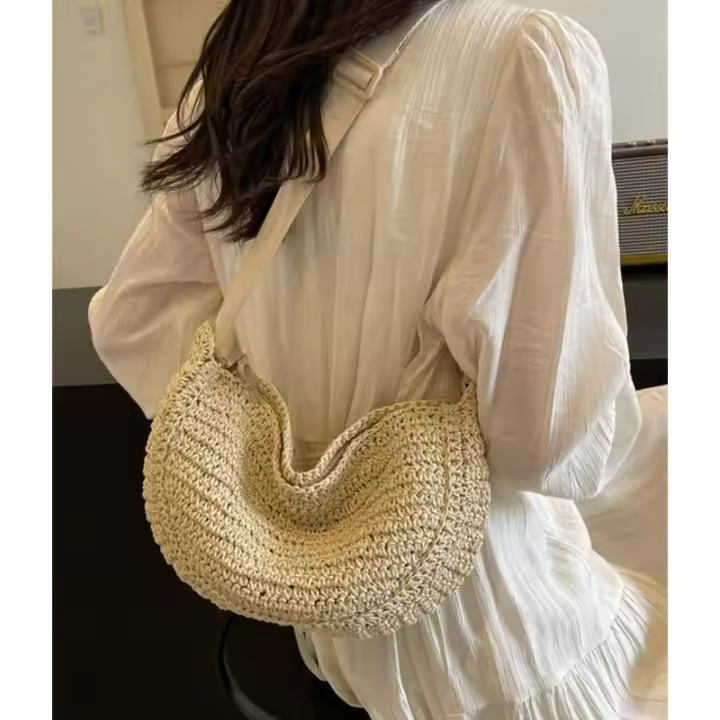 Bolso Cruzado de Paja para Mujer Bolso de Playa Hecho a Mano Bolso de Mano Dumpling 2025 - 1
