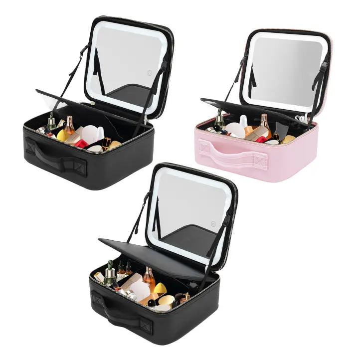 Organizador de cosméticos para mujer, caja de cosméticos con espejo y luz LED, 3 escenarios de color, brillo ajustable - 1