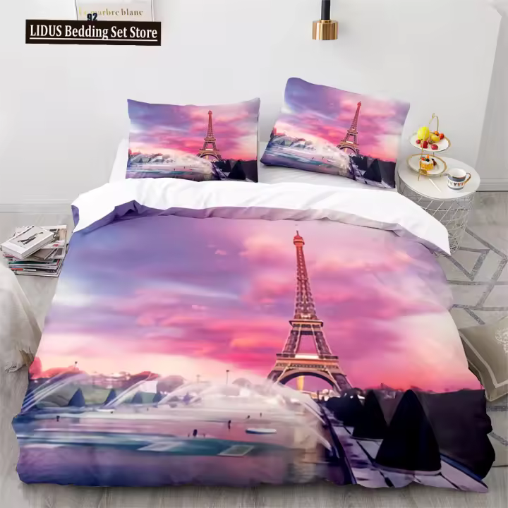 Conjunto de Funda de Edredón de Torre Eiffel Tamaño Rey Cobertura de Nube de Colores de Lago - 1
