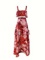 Conjunto de dos piezas con estampado, chaleco corto, falda en capas, falda larga de verano para mujer, diseño de alta gama. - details 1