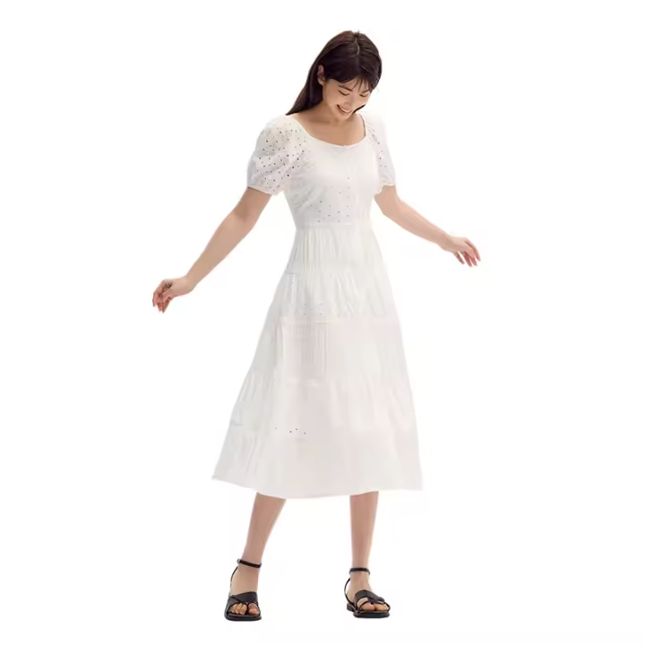 Vestido Semir para Mujer Cuello Cuadrado de Medio Largo Textura Hueca Moda de Verano 2024 - 1