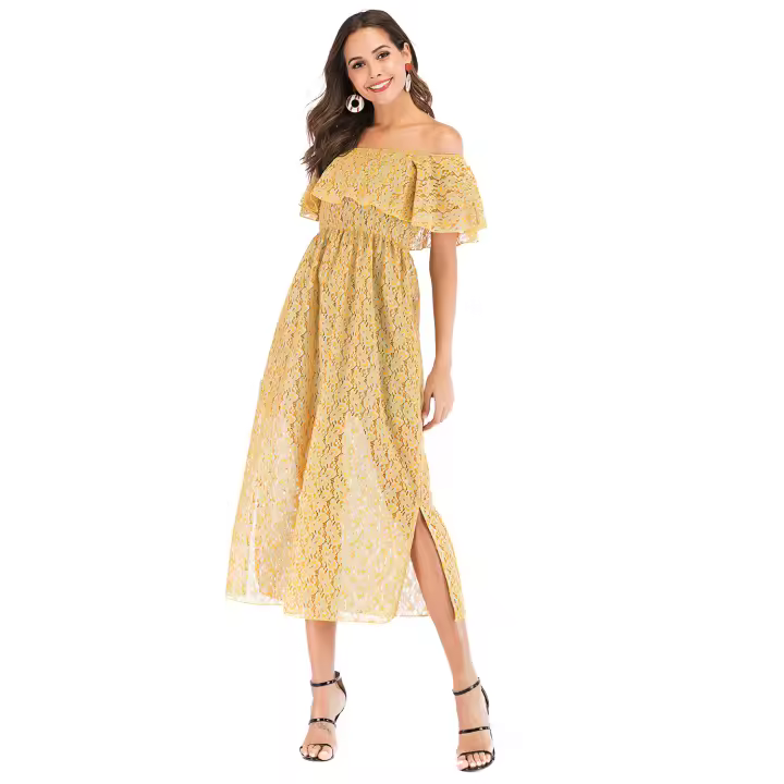 Vestido de Moda para Mujer de Talla Grande de Primavera/Verano 2025 Cuello Único, Cintura Elástica, Hoja de Loto - 1