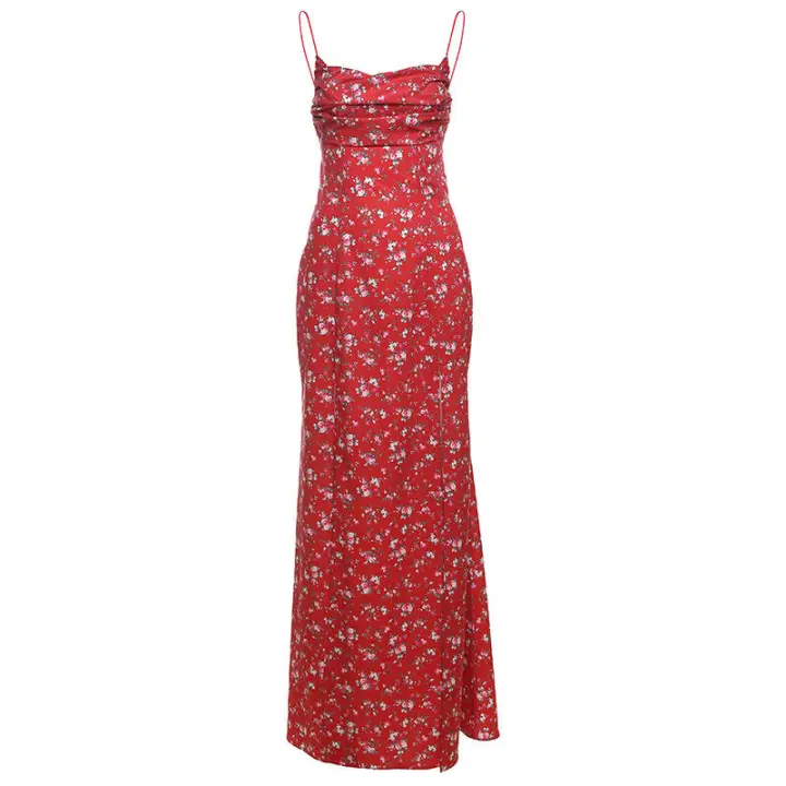 BUNO-maxivestido Floral de primavera para mujer, vestido Vintage con tirantes finos y espalda descubierta con cuello oscilante, bata dividida, tendencia femenina, ropa de calle para salir - 1