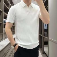 Polo para hombre, camiseta de color sólido, estilo coreano, Raya vertical, ajustado, informal, a la moda, top multifuncional de manga corta - details 1