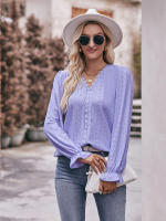 Blusa de gasa de retazos de encaje para mujer, camisa elegante informal de manga larga con cuello en V, trabajo de oficina, moda - details 1
