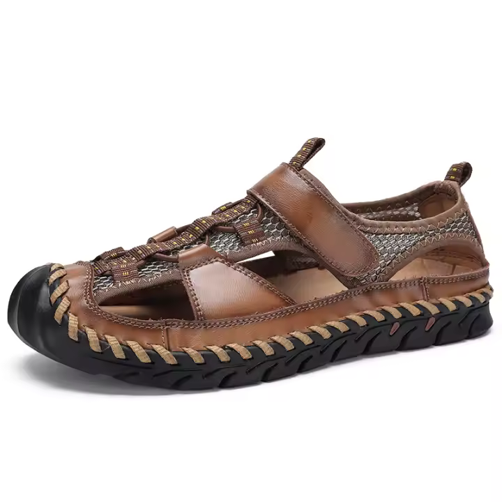 Sandalias informales de cuero con punta cerrada para hombre, zapatos deportivos ajustables de pescador para exteriores, Verano - 1
