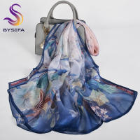 BYSIFA 4 momme Bufanda larga de seda 100% para mujer Elegante diseño de flor de magelia rosa púrpura Gasa de verano Mantón de protección solar ultralargo Envolturas de playa para cubrir con embalaje de regalo - details 12
